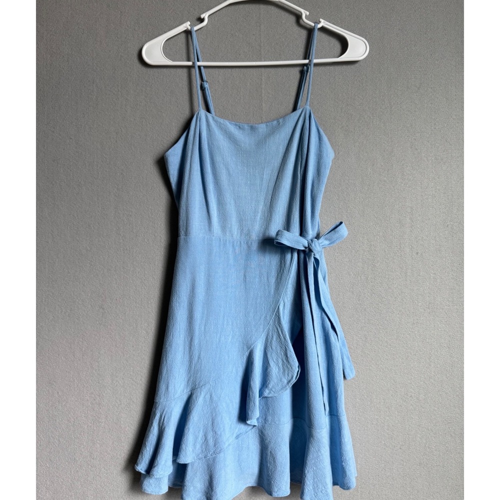 Altar'd State Womens Baby Blue Wrap Ruffle Smocked Spaghetti Strap Mini Dress M